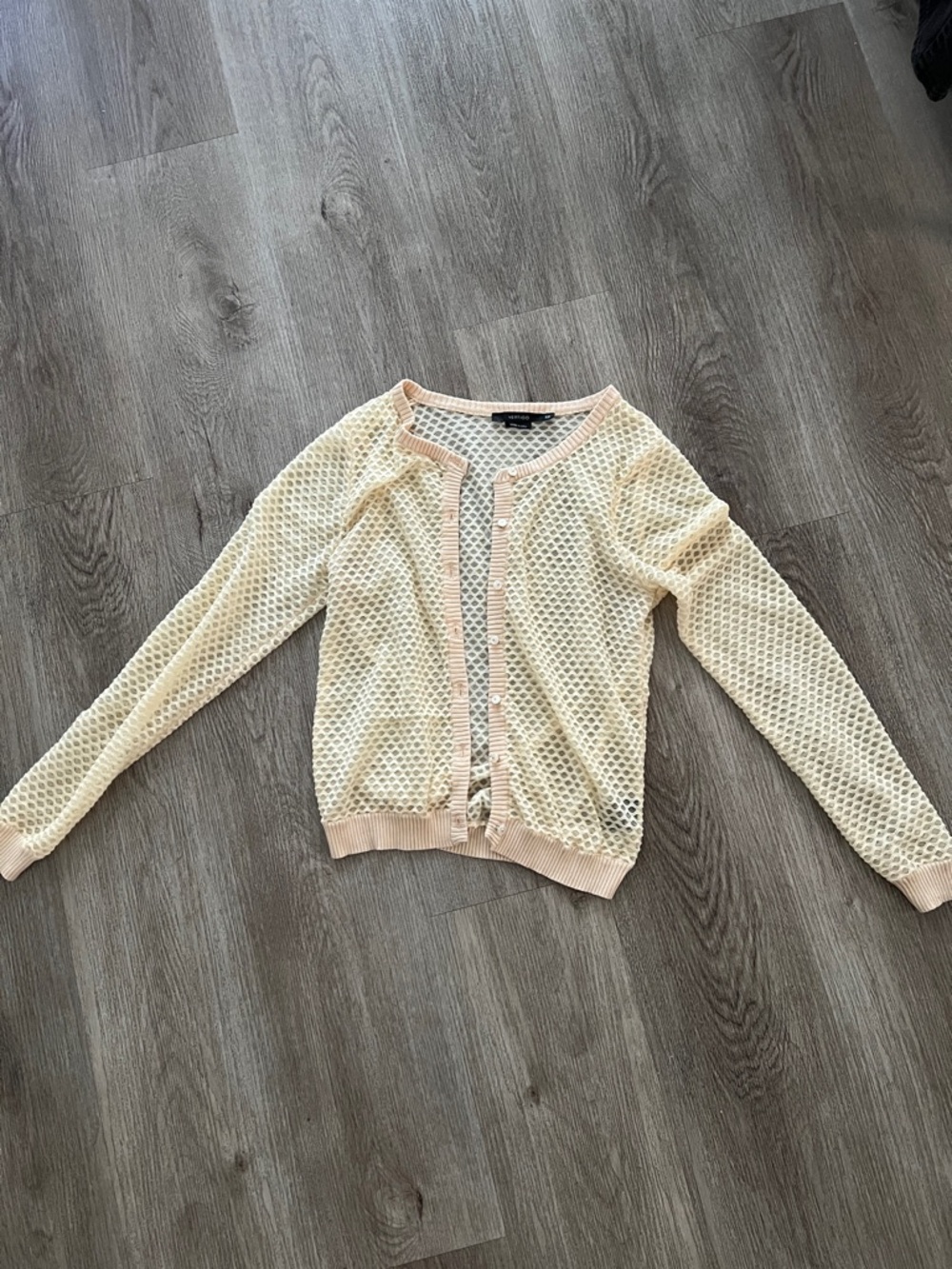 Light yellow /Cream Open-Knit Women's Cardigan with Blush Trim